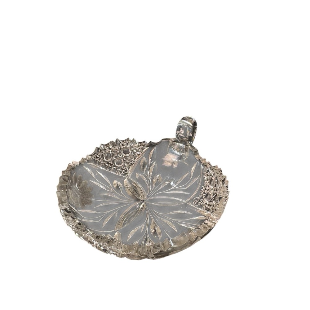 Vintage Cut Crystal Relish Dish with‎ Handle Floral Starburst Design